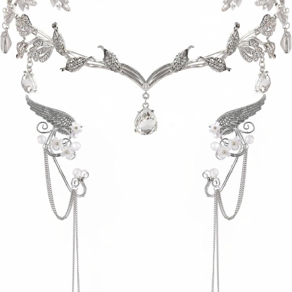 Elf Ear Cuffs and Fairy Crown Set Adjustable Silver Cosplay Accessories